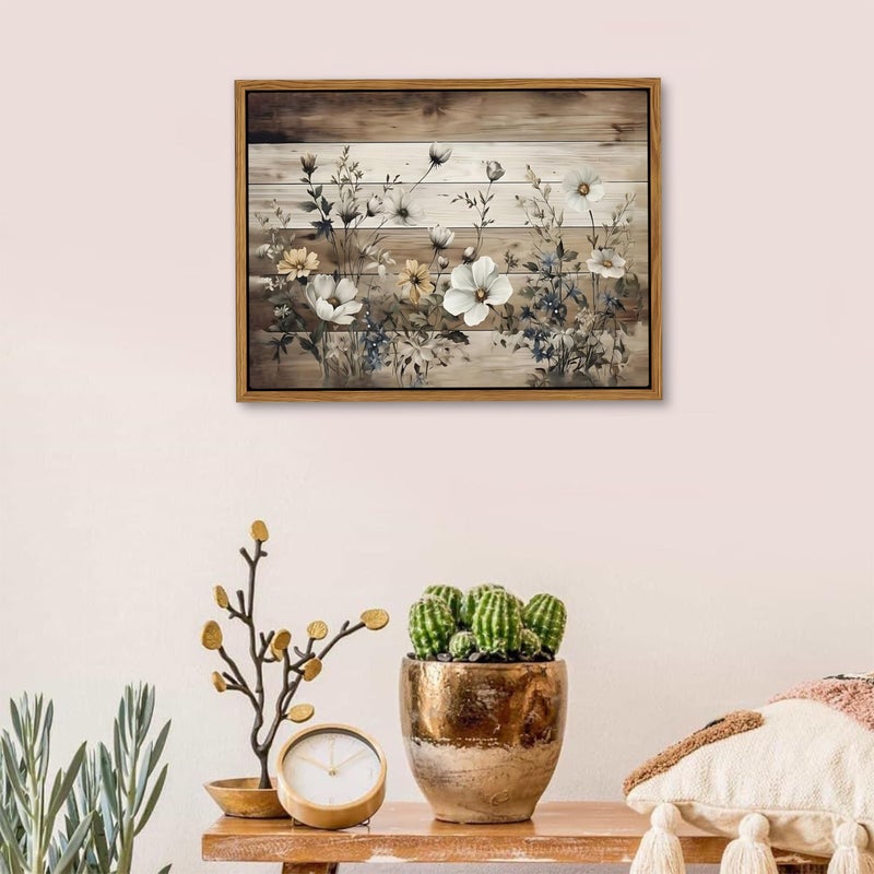 AKWISH Vintage Flowers Wall Art Canvas Prints, Rustic Pastoral Botanical Painting, Wood Grain Background Floral Artwork, Rural Farmhouse Wall Decor for Living Room Bedroom 12x16 inch Floating Framed - Image 4