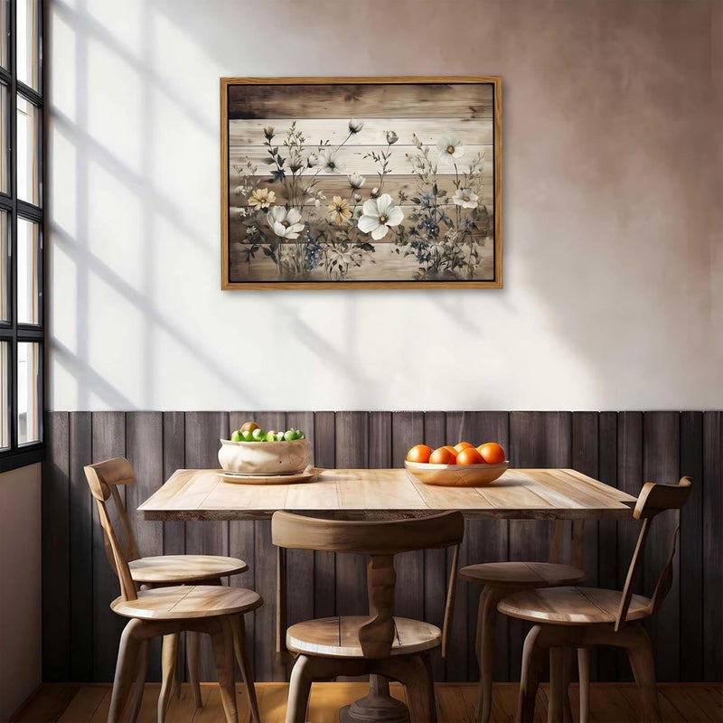 AKWISH Vintage Flowers Wall Art Canvas Prints, Rustic Pastoral Botanical Painting, Wood Grain Background Floral Artwork, Rural Farmhouse Wall Decor for Living Room Bedroom 12x16 inch Floating Framed - Image 2