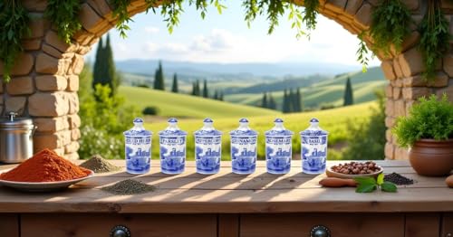 Spode Blue Italian Set of 6 Spice Jars, Fillable Containers for Mixed Herbs, Parsley, Peppercorn, Cinnamon, Rosemary, Basil - Image 2