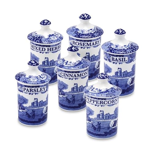 Spode Blue Italian Set of 6 Spice Jars, Fillable Containers for Mixed Herbs, Parsley, Peppercorn, Cinnamon, Rosemary, Basil - Image 1