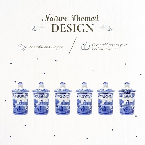 Spode Blue Italian Set of 6 Spice Jars, Fillable Containers for Mixed Herbs, Parsley, Peppercorn, Cinnamon, Rosemary, Basil - Image 4
