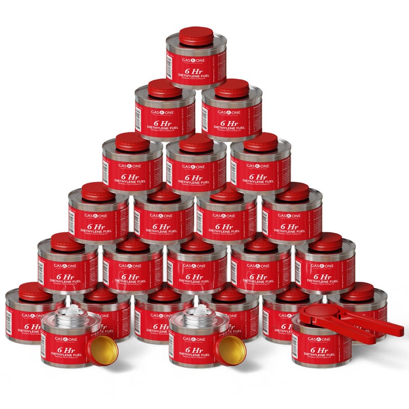 Gas One 24 Pack 6 Hour Chafing Fuel - Food Warmer For Chafing Dish Buffet Set - Reusable Liquid Safe Fuel With Wick & Lid Opener
