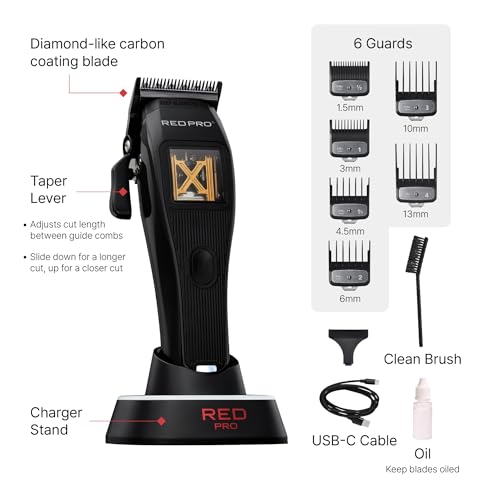 RED Pro X-King Cordless Hair Clipper for Men Hair Cutting, Strong & Fast Vector Motor, DLC Diamond Like Carbon Coated Blade, Rechargeable USB-C Charging Cradle, 6 Guards (Black) - Image 4