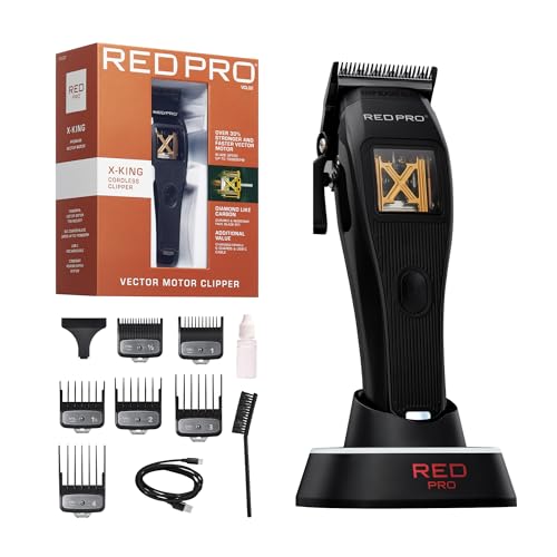 RED Pro X-King Cordless Hair Clipper for Men Hair Cutting, Strong & Fast Vector Motor, DLC Diamond Like Carbon Coated Blade, Rechargeable USB-C Charging Cradle, 6 Guards (Black) - Image 3