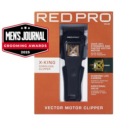 RED Pro X-King Cordless Hair Clipper for Men Hair Cutting, Strong & Fast Vector Motor, DLC Diamond Like Carbon Coated Blade, Rechargeable USB-C Charging Cradle, 6 Guards (Black) - Image 2