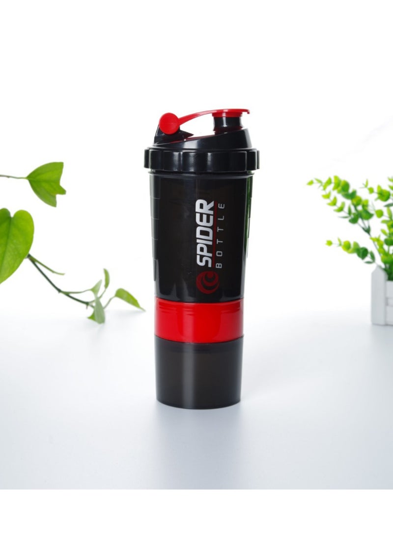 BPA Free Multifunctional Water Bottle, 3 in 1 Leak Proof Protein Shaker Bottles For Protein Mixes, Spider Blender Bottle With Stainless Steel Ball, 2 Twist On Cups For Protein Organizer Gym Bottle, 500ML