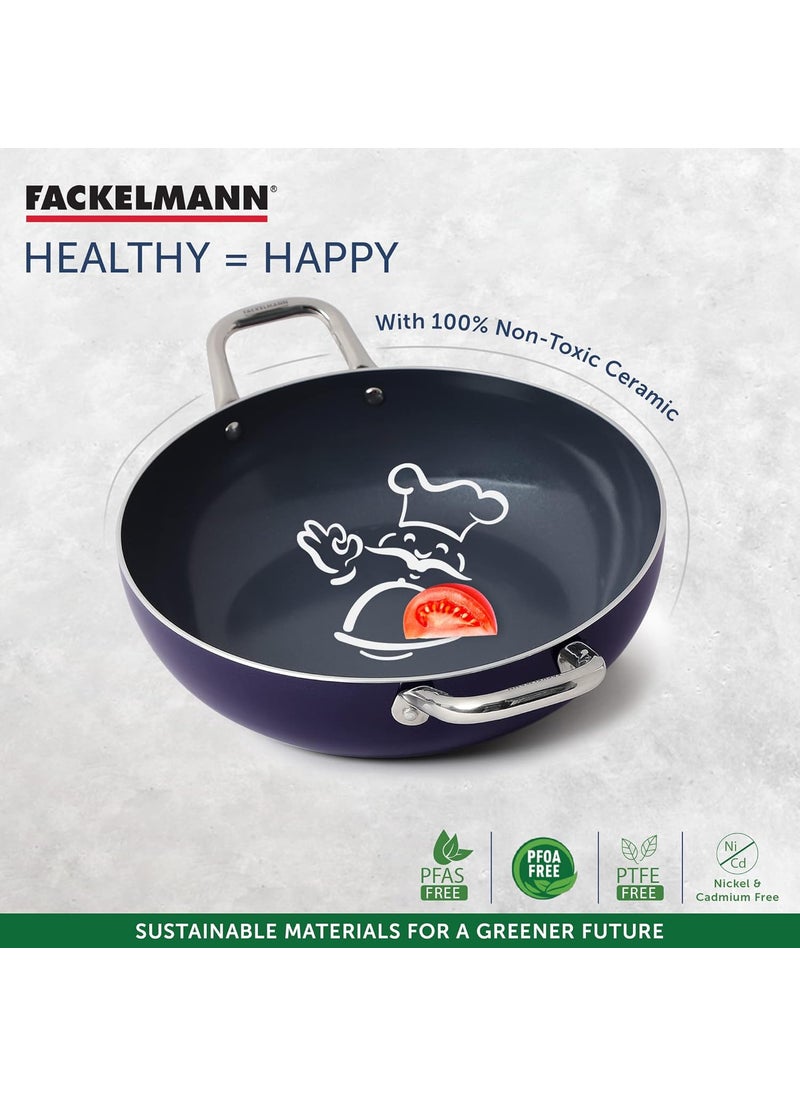 FACKELMANN Fackelmann Ceramic Nonstick Kadhai With Glass Lid 30cm | German Technology | Non-Toxic| PFOA, BPA & Nickel-Free | Induction Base - All Stoves | Even Heating | Dal Makhani, Kadhai Paneer, Chicken Curry  - Image 2