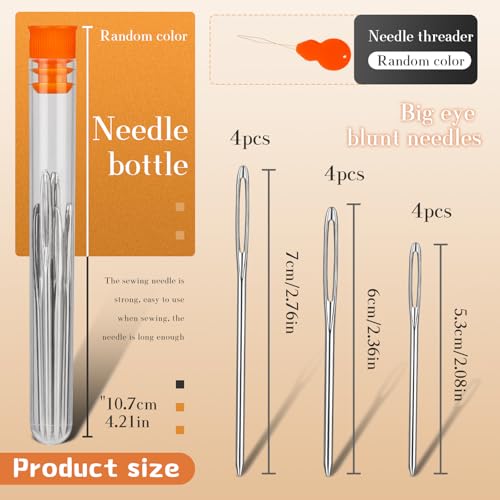 TLKKUE 12 Pcs/3 Sizes Large-Eye Blunt Needles, Steel Yarn Needle with Needle Threader, Tapestry Needle for Sewing Crochet Knitting Embroidery (Silver 2.08in/2.36in/2.76in) - Image 2