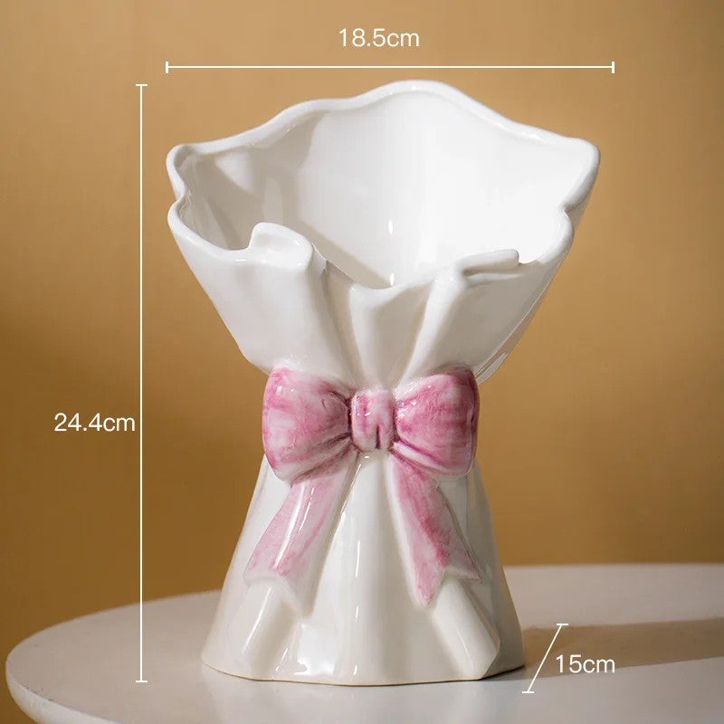 Bluejw French-Inspired Handheld Ceramic Bow Vase for Dried Plants – Elegant Porcelain Flower Arrangement Vase for Living Room, Dining Table, and Home Decor - Image 1