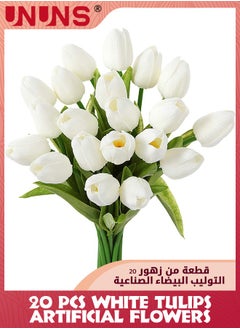UNUNS White Tulips Artificial Flowers,20 Pcs PU Fake Tulips For DIY Decor,Real Touch Artificial Tulips Flowers For Wedding Bouquet Centerpiece Floral Party Home Office Room Decor  - Image 1