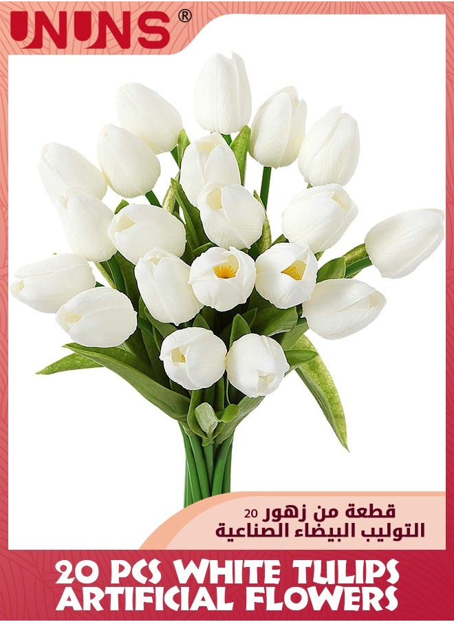 UNUNS زهور التوليب البيضاء الاصطناعية، 20 قطعة من زهور التوليب المزيفة للديكور بنفسك، زهور التوليب الاصطناعية ذات الملمس الحقيقي لباقة الزفاف المركزية والحفلات المنزلية وديكور غرفة المكتب  - Image 1