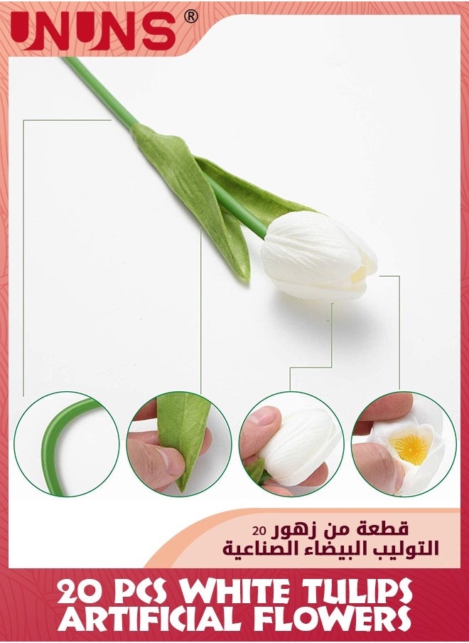 UNUNS زهور التوليب البيضاء الاصطناعية، 20 قطعة من زهور التوليب المزيفة للديكور بنفسك، زهور التوليب الاصطناعية ذات الملمس الحقيقي لباقة الزفاف المركزية والحفلات المنزلية وديكور غرفة المكتب  - Image 2