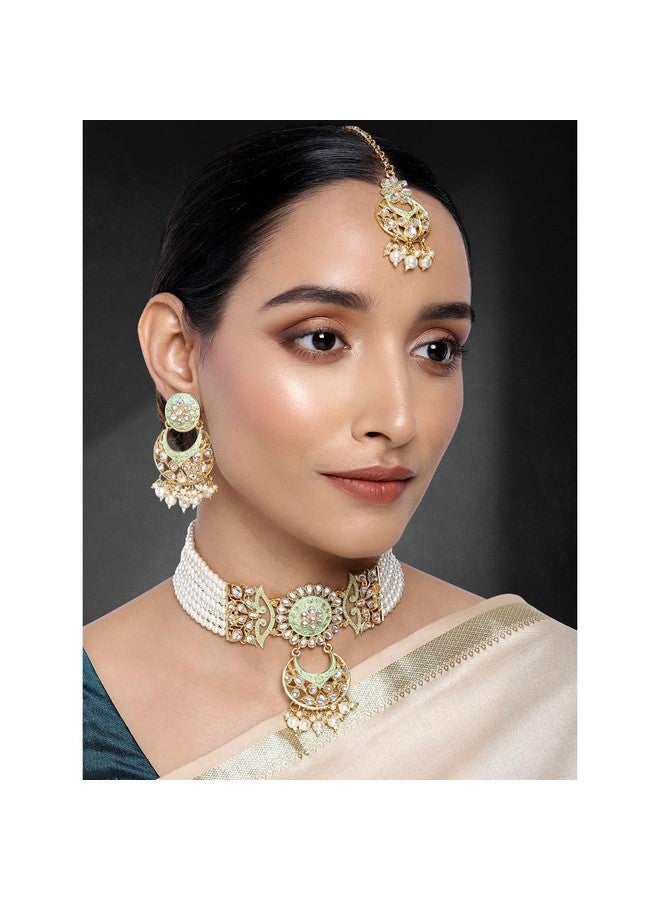 Aheli Ethnic Faux Kundan Choker Necklace Indian Traditional Bollywood Fashion Jewelry Set With Earrings For Women Girls (Mint) - Image 2
