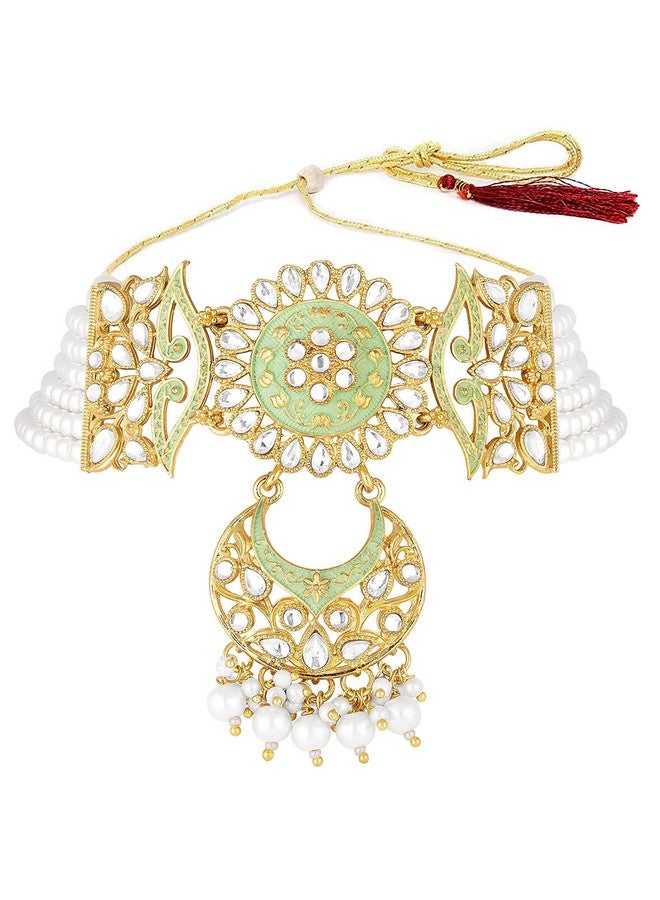 Aheli Ethnic Faux Kundan Choker Necklace Indian Traditional Bollywood Fashion Jewelry Set With Earrings For Women Girls (Mint) - Image 5