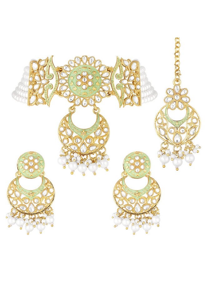 Aheli Ethnic Faux Kundan Choker Necklace Indian Traditional Bollywood Fashion Jewelry Set With Earrings For Women Girls (Mint) - Image 1