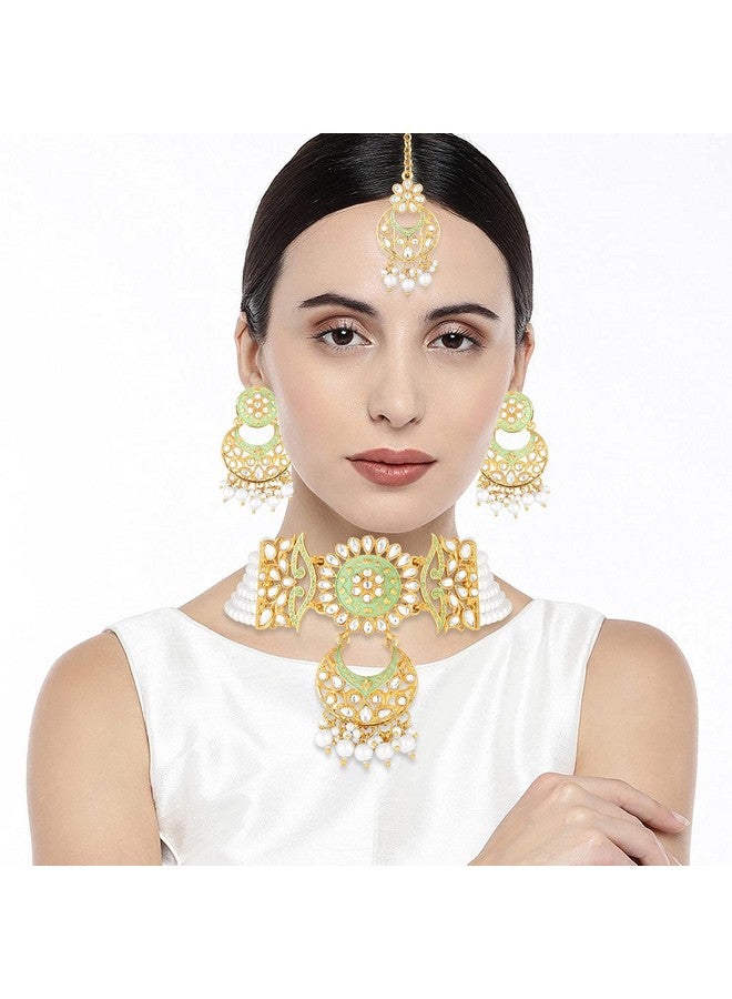 Aheli Ethnic Faux Kundan Choker Necklace Indian Traditional Bollywood Fashion Jewelry Set With Earrings For Women Girls (Mint) - Image 4