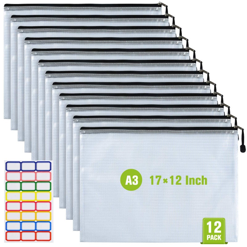 ASTEN 12PCS Mesh Zipper Pouch, Waterproof Tear-Resistant Document File Folders, A3 Size Zipper Documents Pouch Document Organizer Bags for School Office Home Travel Storage(17Ã—12Inch) - Image 1