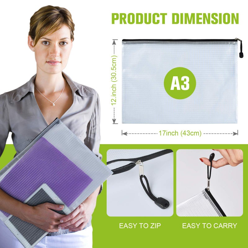 ASTEN 12PCS Mesh Zipper Pouch, Waterproof Tear-Resistant Document File Folders, A3 Size Zipper Documents Pouch Document Organizer Bags for School Office Home Travel Storage(17Ã—12Inch) - Image 3