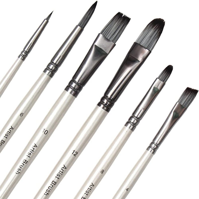 Worison 6pc Synthetic Mix Black Hair Paint Brush Set for Watercolor & Acrylic Painting(Wood) - Image 1