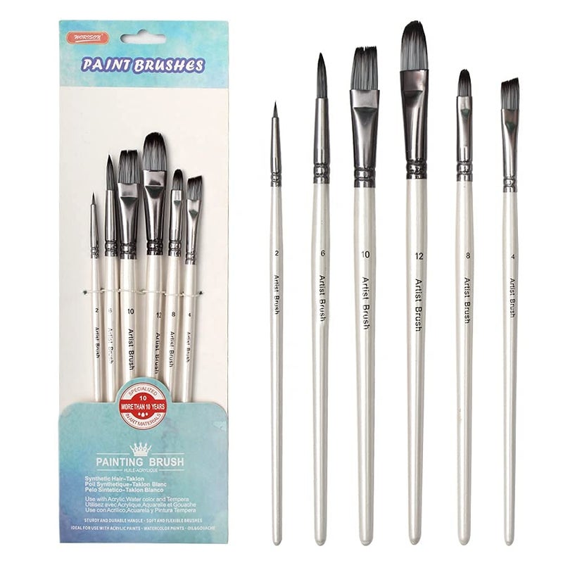 Worison 6pc Synthetic Mix Black Hair Paint Brush Set for Watercolor & Acrylic Painting(Wood) - Image 2