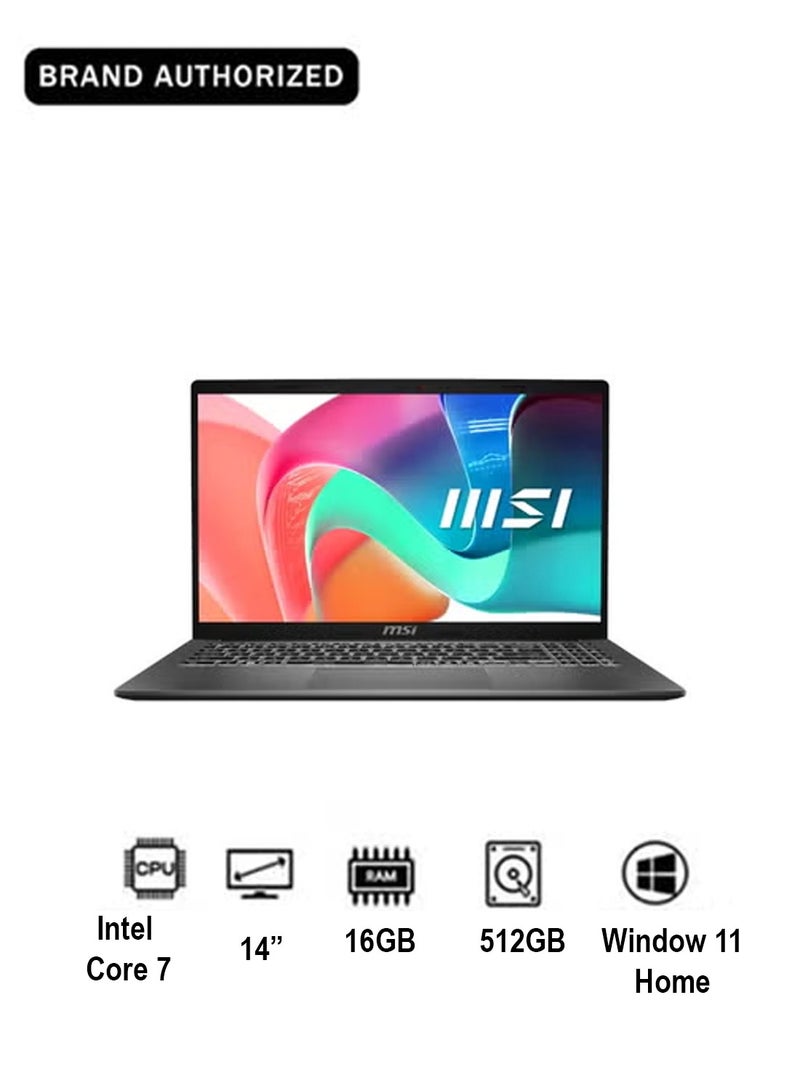 إم اس أي Modern 14 F1MG Laptop, Intel Core 7 150U, 16GB DDR4 RAM, 512GB PCIe Gen4 SSD, 14-Inch FHD IPS Display, Intel Graphics, Wi-Fi 6E, Windows 11 Home, White Backlit Keyboard, Platinum Gray English Platinum Gray - Image 1