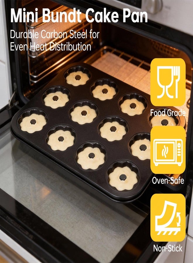 Piszvbej 2 Pack Mini Bundt Cake Pan, 12 Cavity Mini Fluted Tube Cake Pans, Non-Stick Black Carbon Steel Baking Pan, Easy Release Bakeware for Oven Use, Ideal for Home Baking, Parties and Holidays - Image 2