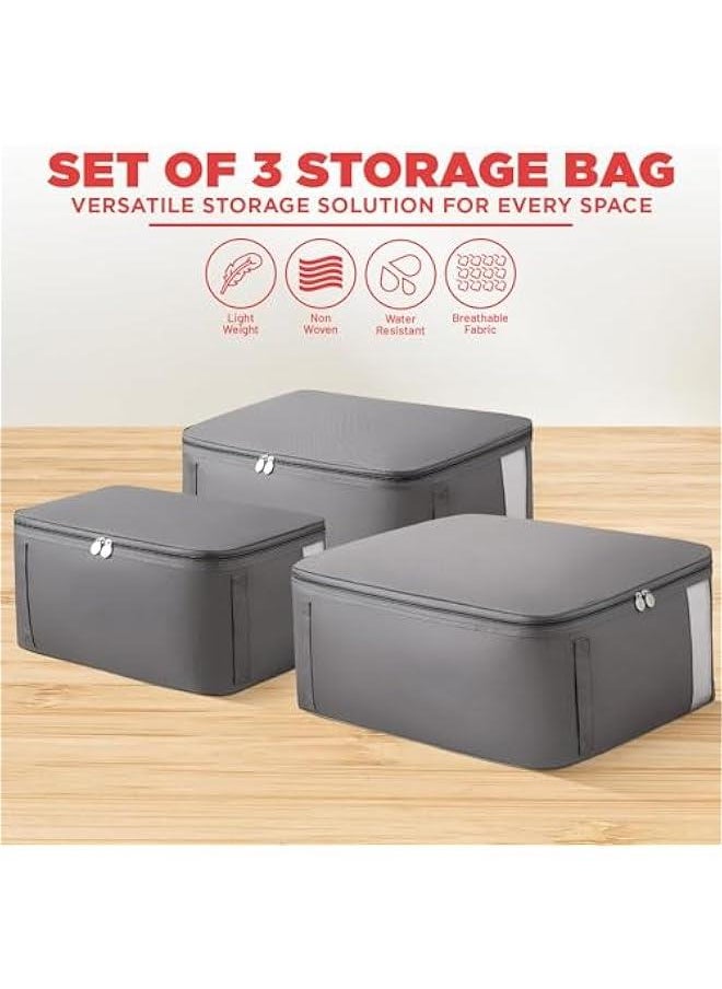 HOOKOR Large Capacity Clothes Storage Bag Organizer With Reinforced Handles,Thick Fabric for Comforters, Blankets, Bedding, Foldable with Sturdy Zipper,3 Pack,Grey  - Image 2