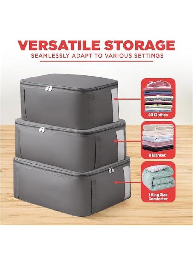 HOOKOR Large Capacity Clothes Storage Bag Organizer With Reinforced Handles,Thick Fabric for Comforters, Blankets, Bedding, Foldable with Sturdy Zipper,3 Pack,Grey  - Image 4