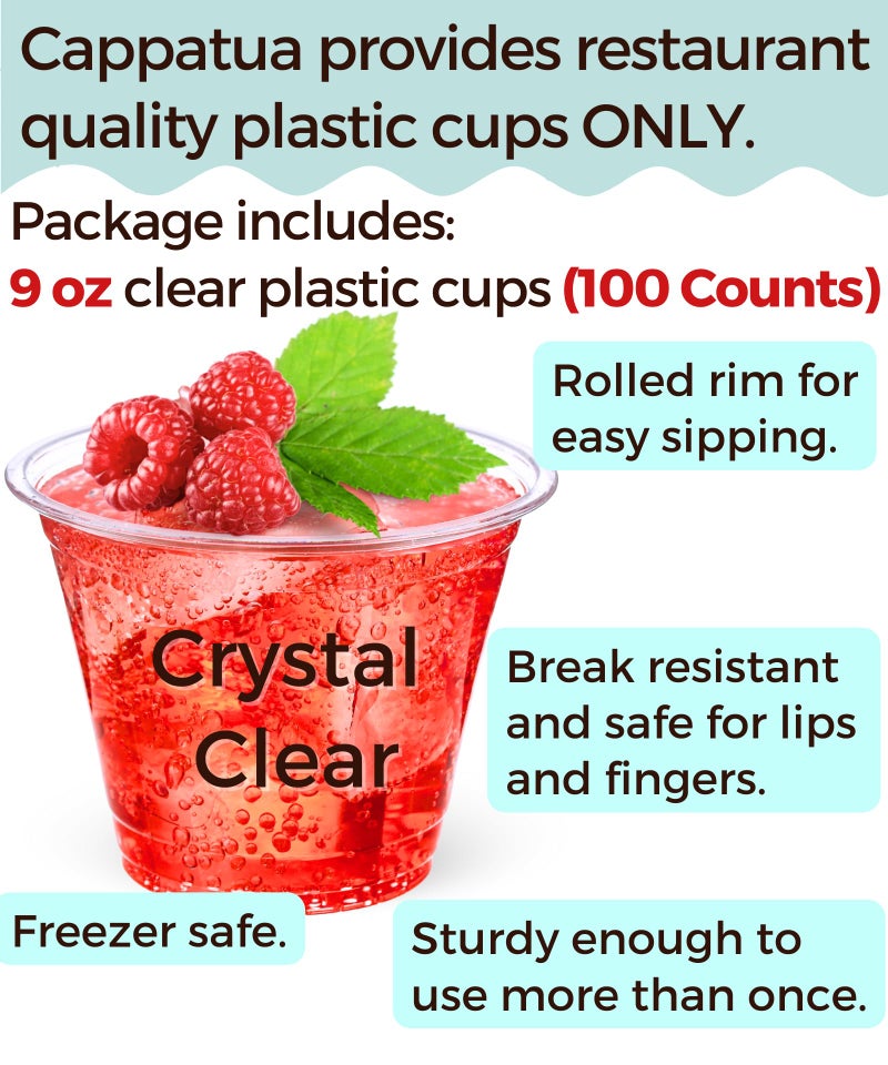 Cappatua 9 oz Clear Plastic Cups  100 Pack 9 Ounce Plastic Party Cups  Disposable 9oz Plastic Wine Cups Plastic Tumbles for Wedding  Plastic Cocktail Glasses  Plastic Drinking Cups  Plastic Punch Cups - Image 1