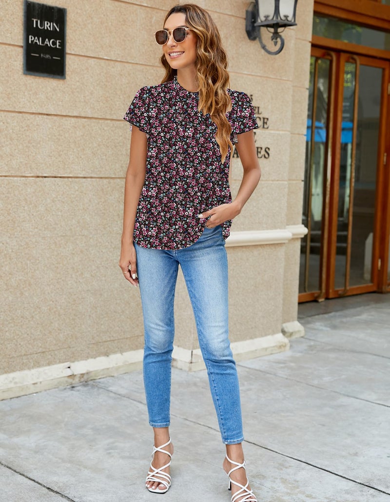 SimpleFun Summer Shirts for Women Black Floral Printed Short Sleeve Boho Tops Ruffled Casual Flower Blouse M - Image 5