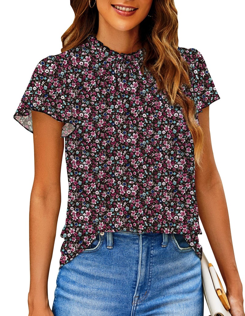 SimpleFun Summer Shirts for Women Black Floral Printed Short Sleeve Boho Tops Ruffled Casual Flower Blouse M - Image 1