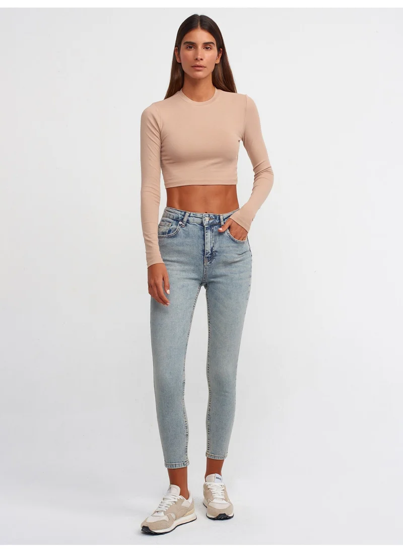 Dilvin 30349 Crew Neck Long Sleeve Top-Beige