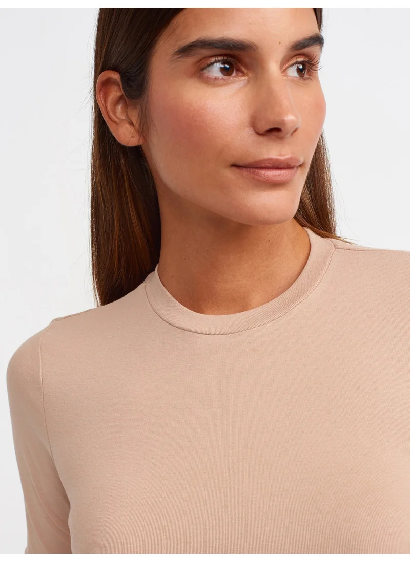 Dilvin 30349 Crew Neck Long Sleeve Top-Beige