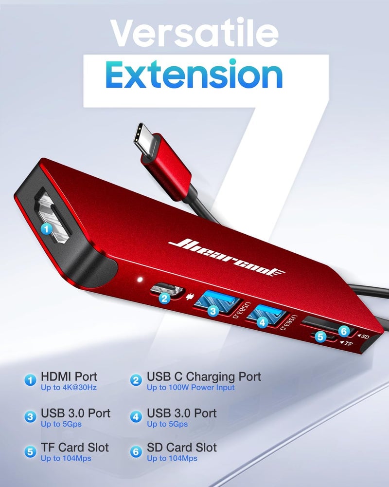 Hiearcool USB C Hub, USB-C to HDMI Multi-Port Adapter for MacBook Pro/Air, 7-in-1 USBC Dongle with 4K HDMI 100W Power Delivery SD/TF Card Reader Type-C Dock for Dell HP Lenovo Laptops-Dark Red - Image 2