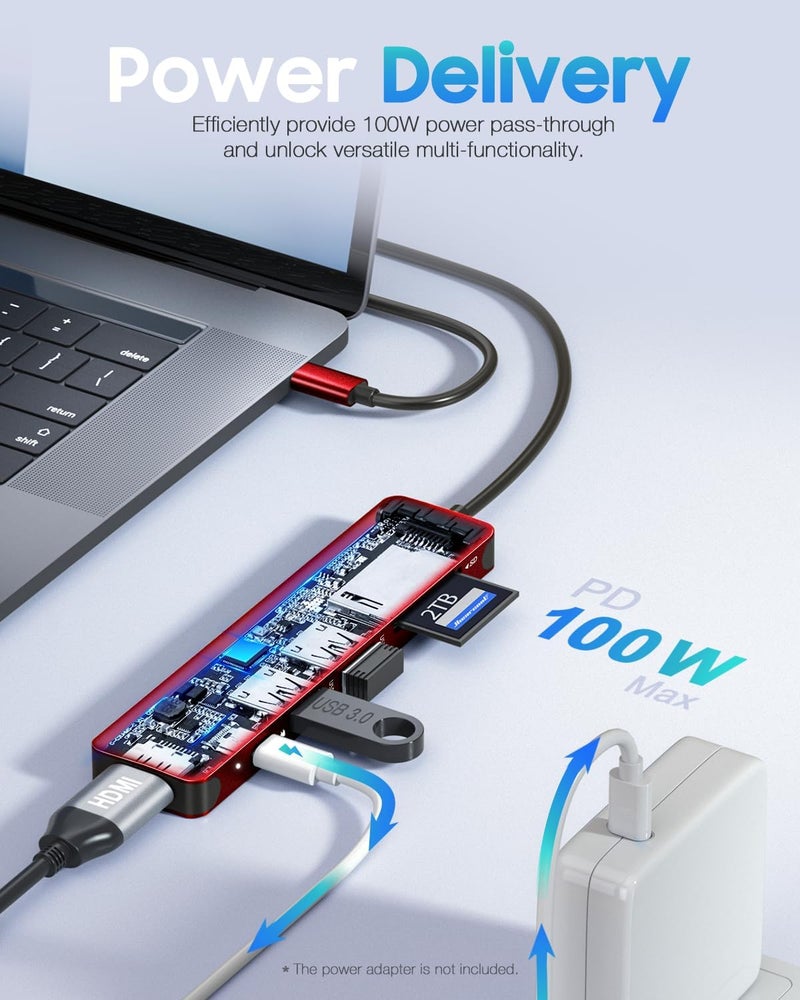 Hiearcool USB C Hub, USB-C to HDMI Multi-Port Adapter for MacBook Pro/Air, 7-in-1 USBC Dongle with 4K HDMI 100W Power Delivery SD/TF Card Reader Type-C Dock for Dell HP Lenovo Laptops-Dark Red - Image 3