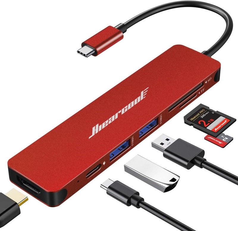 Hiearcool USB C Hub, USB-C to HDMI Multi-Port Adapter for MacBook Pro/Air, 7-in-1 USBC Dongle with 4K HDMI 100W Power Delivery SD/TF Card Reader Type-C Dock for Dell HP Lenovo Laptops-Dark Red - Image 1