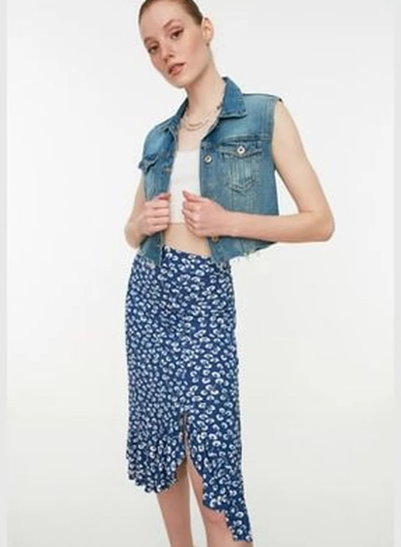 trendyol Blue Printed High Waist Midi Elastic Knitted Skirt with Ruffles and Ruffles TWOSS21ET0029