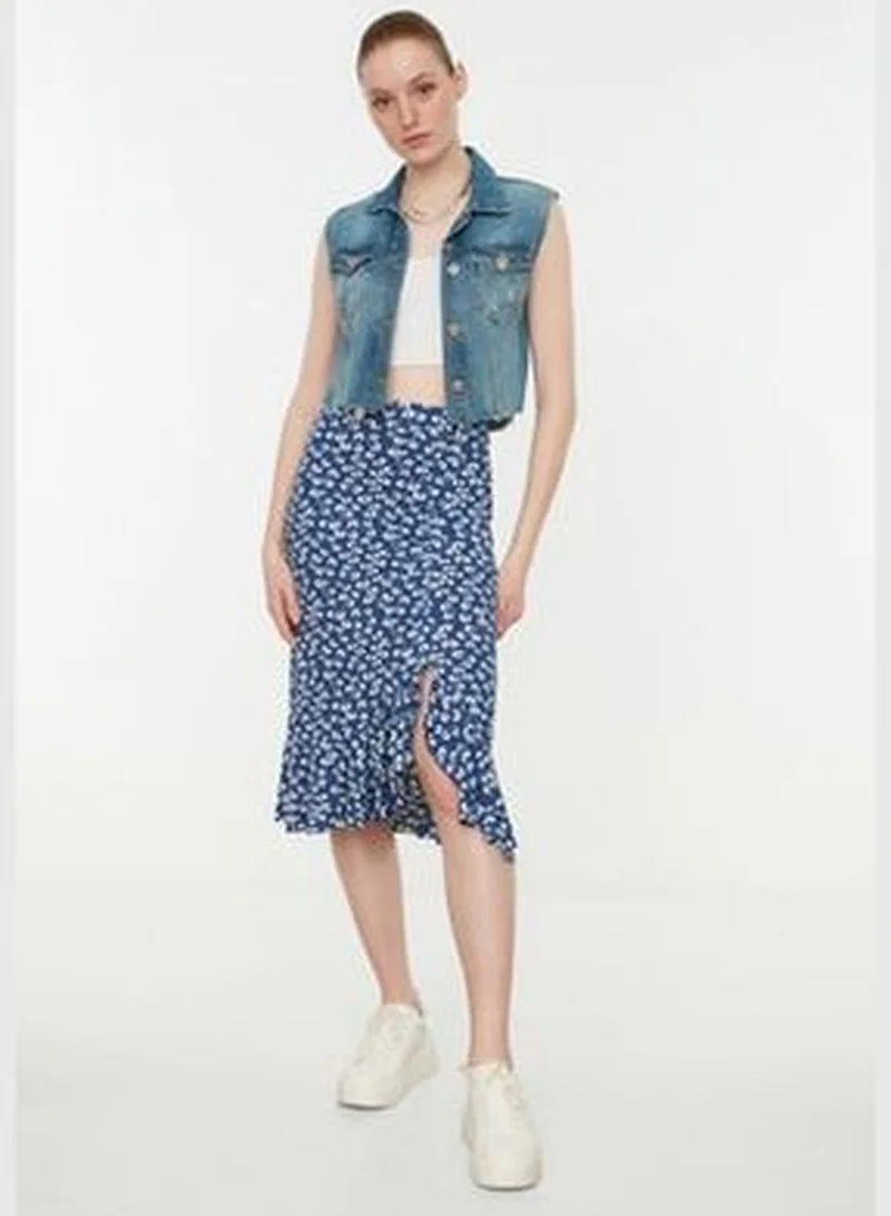 trendyol Blue Printed High Waist Midi Elastic Knitted Skirt with Ruffles and Ruffles TWOSS21ET0029