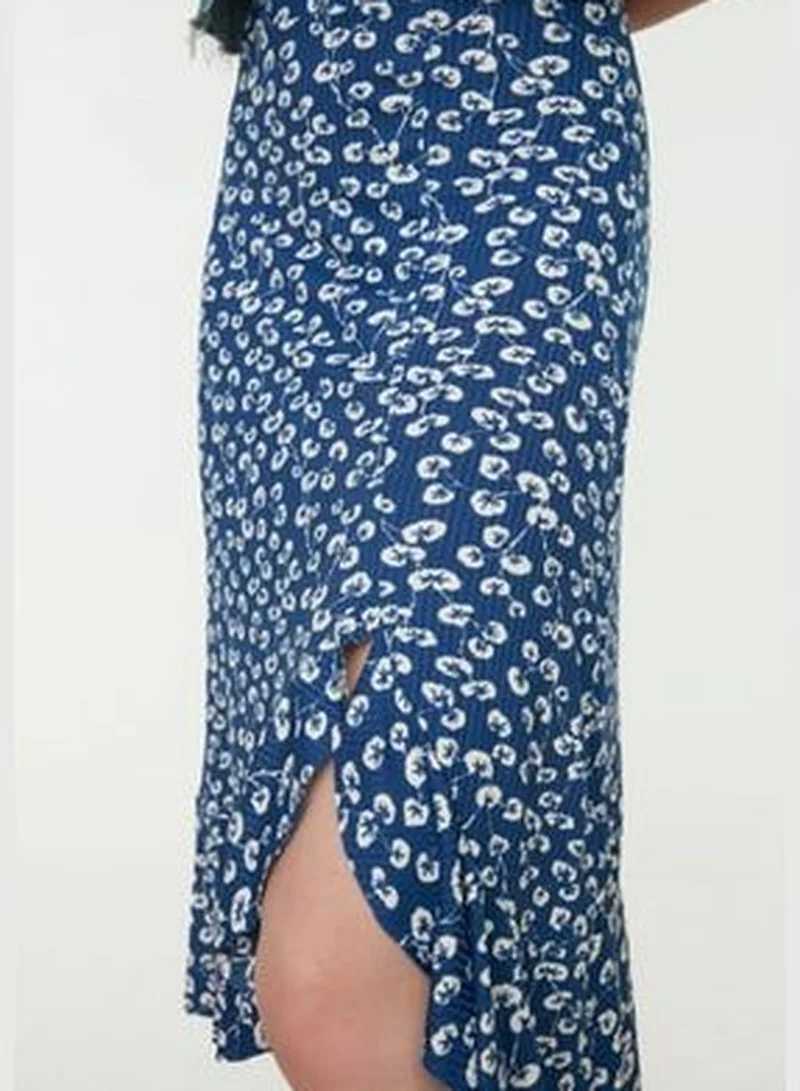 trendyol Blue Printed High Waist Midi Elastic Knitted Skirt with Ruffles and Ruffles TWOSS21ET0029
