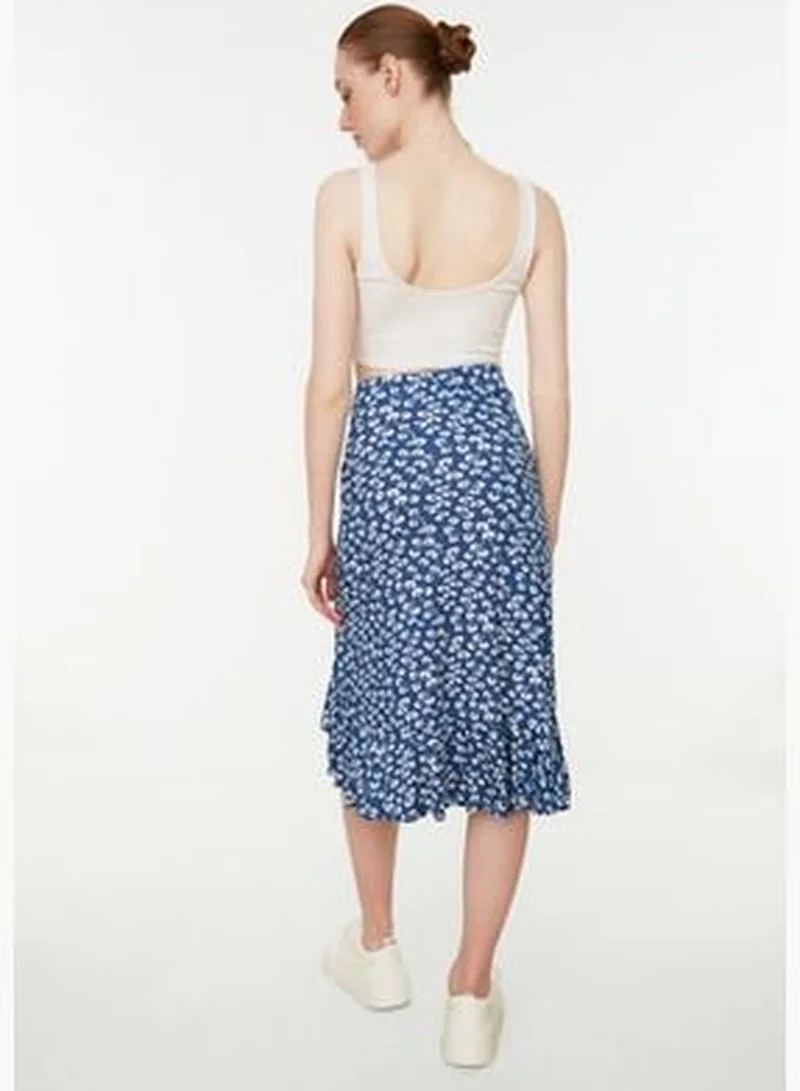 trendyol Blue Printed High Waist Midi Elastic Knitted Skirt with Ruffles and Ruffles TWOSS21ET0029