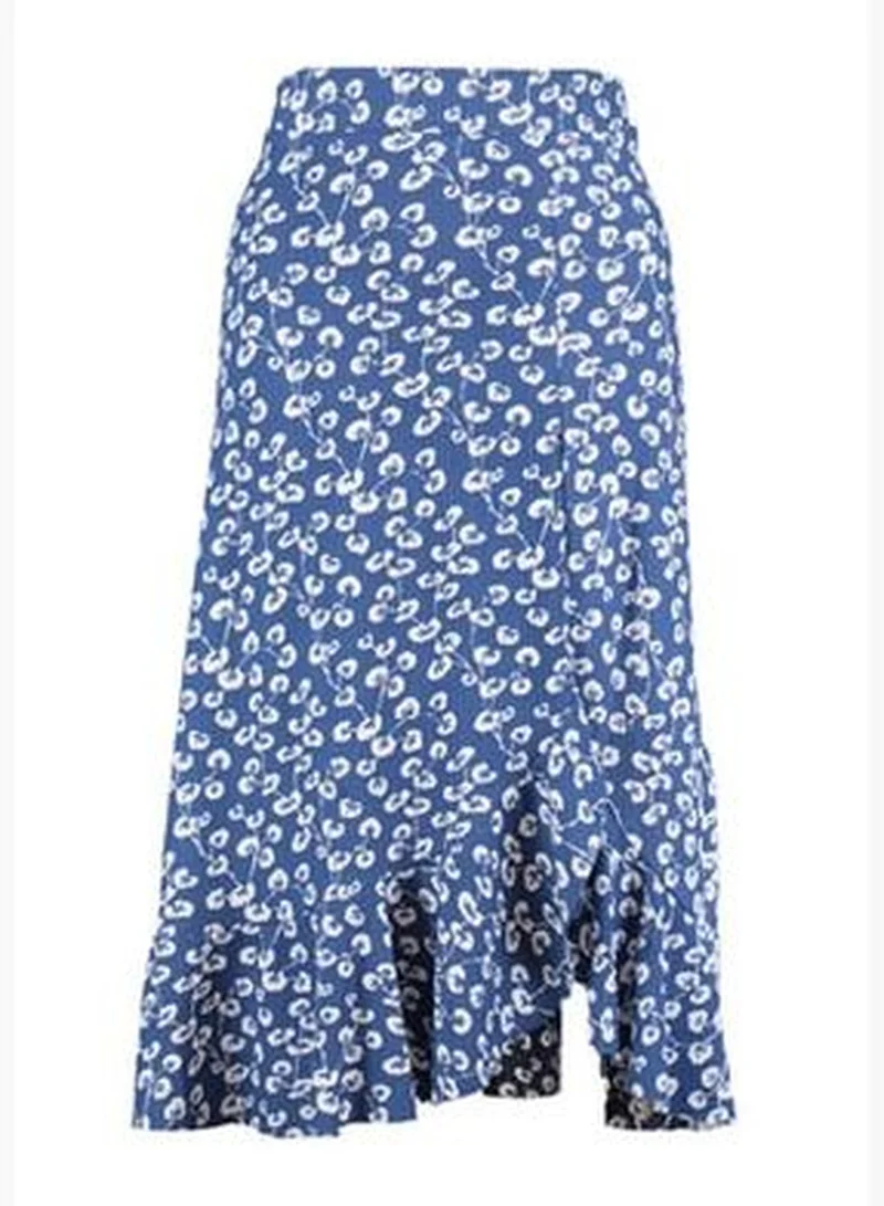 trendyol Blue Printed High Waist Midi Elastic Knitted Skirt with Ruffles and Ruffles TWOSS21ET0029