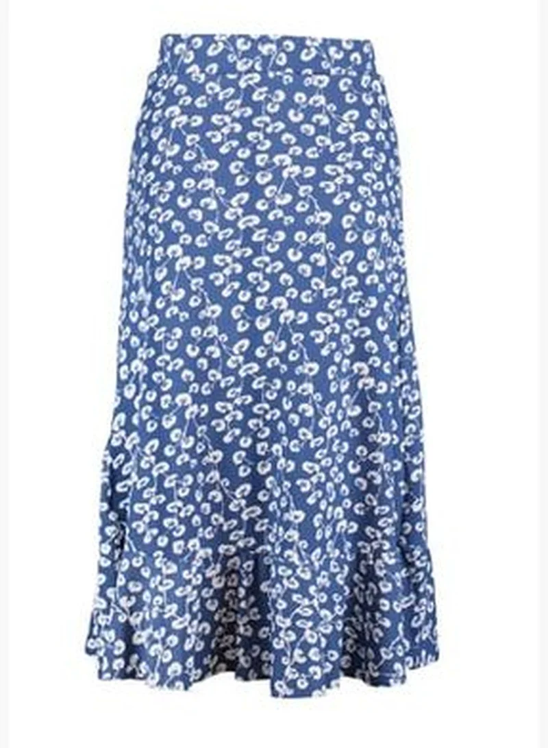 trendyol Blue Printed High Waist Midi Elastic Knitted Skirt with Ruffles and Ruffles TWOSS21ET0029