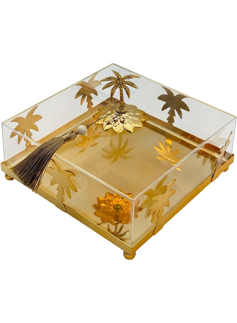 بي آند دي صندوق تخزين أكريليك فاخر من B&D بتصميم نخلة ذهبية، علبة عرض زخرفية مع شرابة، شفاف وذهبي، بأسلوب استوائي - Image 1