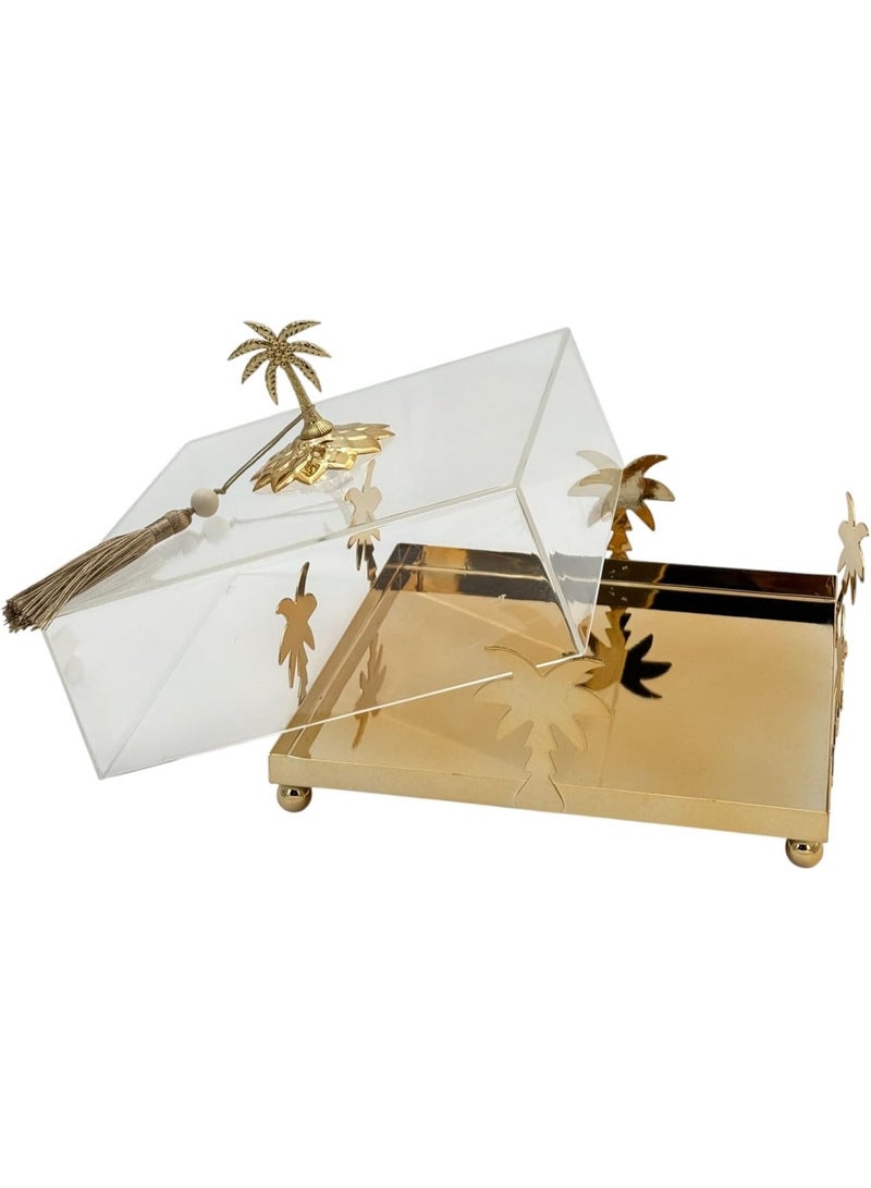 بي آند دي صندوق تخزين أكريليك فاخر من B&D بتصميم نخلة ذهبية، علبة عرض زخرفية مع شرابة، شفاف وذهبي، بأسلوب استوائي - Image 2