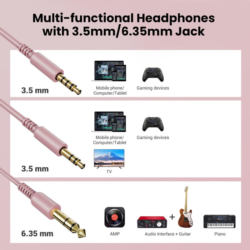 OneOdio Pro-10 Wired Over Ear Headphones Hi-Res Studio Monitor & Mixing DJ Stereo Headsets with 50mm Drivers and 1/4 to 3.5mm Jack for AMP Computer Recording Podcast Keyboard Guitar Laptop - Rose Gold - Image 3