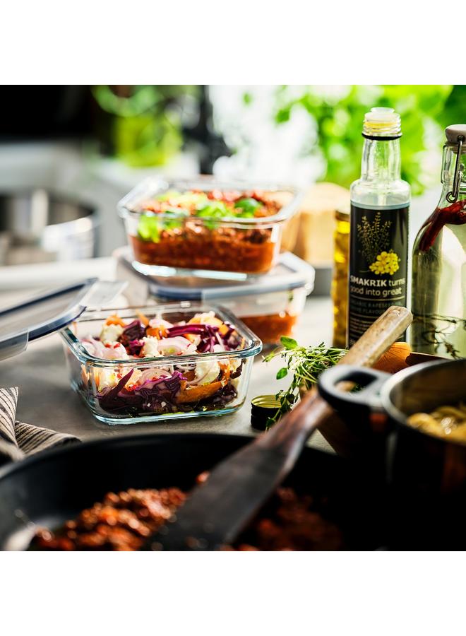 زبون علبة طعام مع غطاء، مربعة من الزجاج/البلاستيك، 600 مل - Image 2