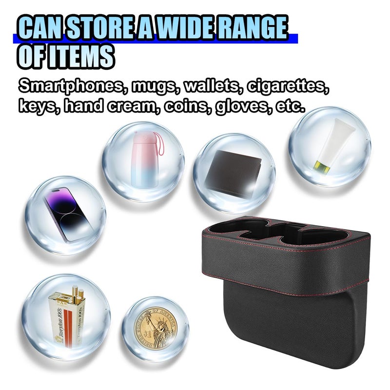 ZIMISI Car Cup Holder, PU Leather Auto Front Console Gap Filler Organizer, Multifunctional Cup Drink Holder, Car Seat Gap Filler Storage Box, Coin Bucket, Cell Mobile Phone Holder (Black) - Image 4