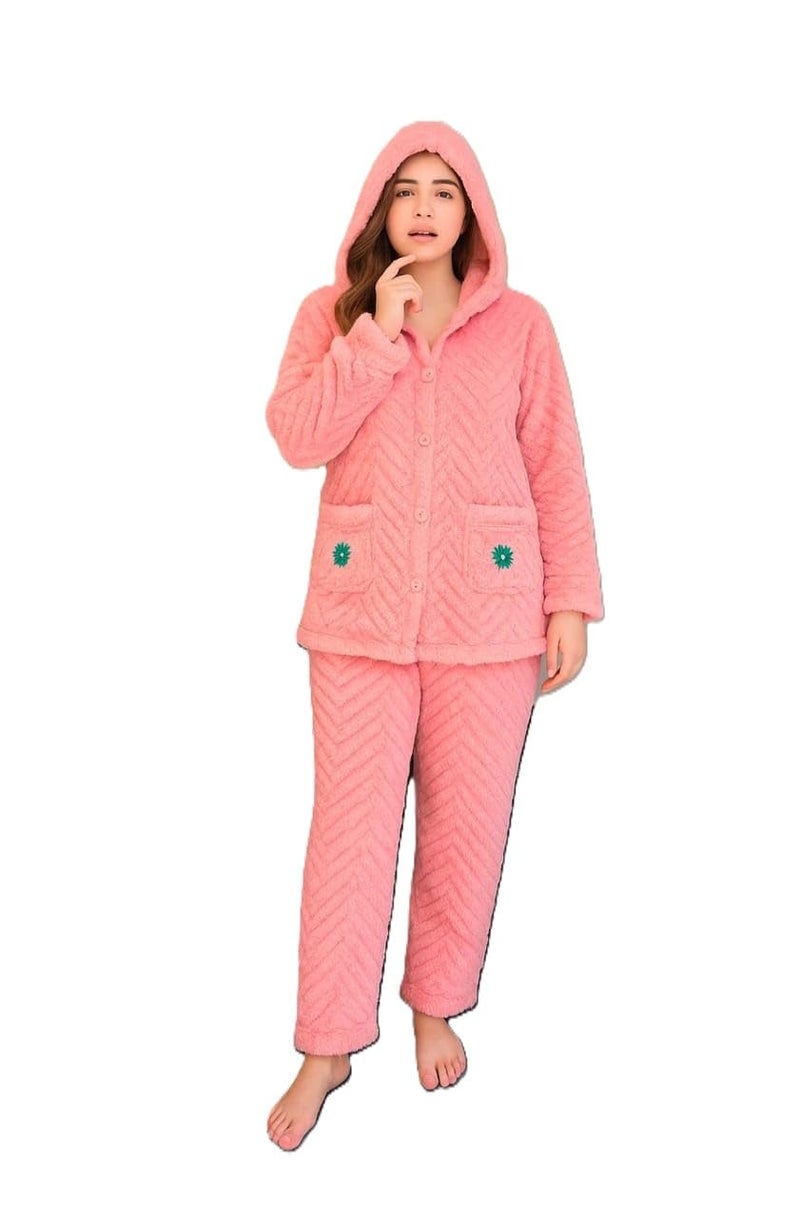 Ukal Women's Wool Blend & Fleece Long Sleeve Pullover Hoodies Set Full Length Winter Nightwear Pajama and top Set Tracksuit Gym Suit Night Suit (in, Alpha, L, Plus Size, Pink) - Image 5