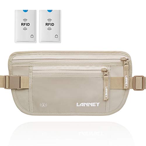 LANNEY Travel Money Belt Hidden Waist Stash Wallet RFID Blocking Anti-Theft Passport Holder for Men Women, Cream - Image 1