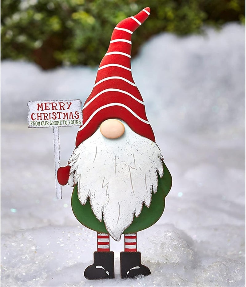 woobles Christmas Metal Gnome Yard Stake, Christmas Decorations Outdoor Gnome Santa Welcome Sign, Decorative Garden Stakes Outside with Christmas Gnomes Winter Art Decor or Lawn Garden Yard Patio (C) C - Image 1